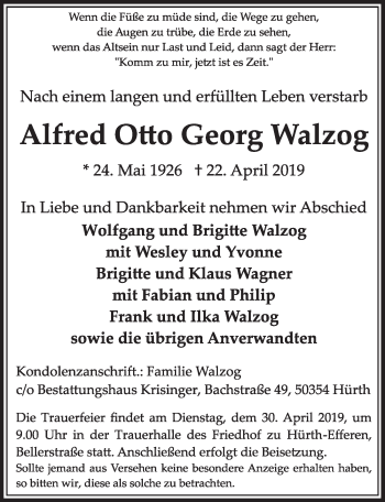 Anzeige von Alfred Otto Georg  Walzog von  Sonntags-Post 