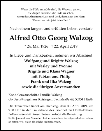 Anzeige von Alfred Otto Georg  Walzog von Kölner Stadt-Anzeiger / Kölnische Rundschau / Express