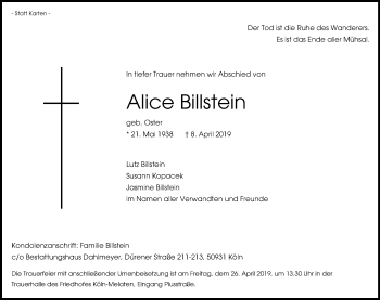 Anzeige von Alice Billstein von Kölner Stadt-Anzeiger / Kölnische Rundschau / Express