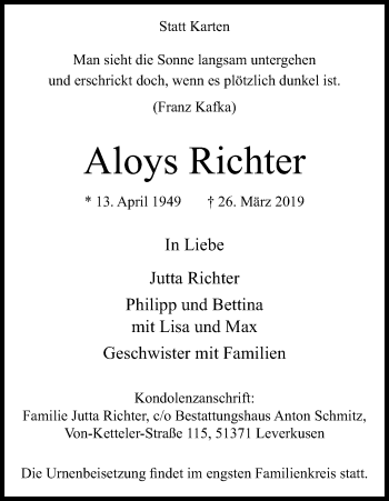 Anzeige von Aloys Richter von Kölner Stadt-Anzeiger / Kölnische Rundschau / Express