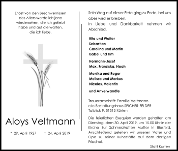 Anzeige von Aloys Veltmann von Kölner Stadt-Anzeiger / Kölnische Rundschau / Express