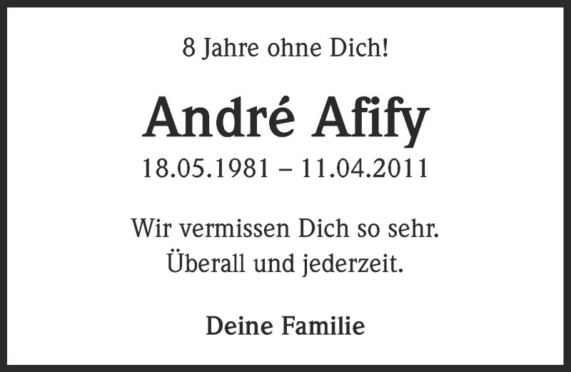  Traueranzeige für André Afify vom 10.04.2019 aus  Kölner Wochenspiegel 