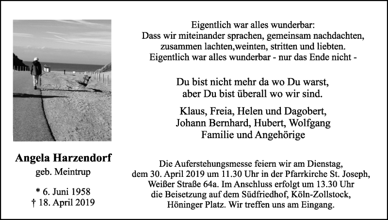  Traueranzeige für Angela Harzendorf vom 27.04.2019 aus Kölner Stadt-Anzeiger / Kölnische Rundschau / Express