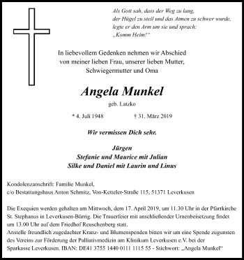Anzeige von Angela Munkel von Kölner Stadt-Anzeiger / Kölnische Rundschau / Express