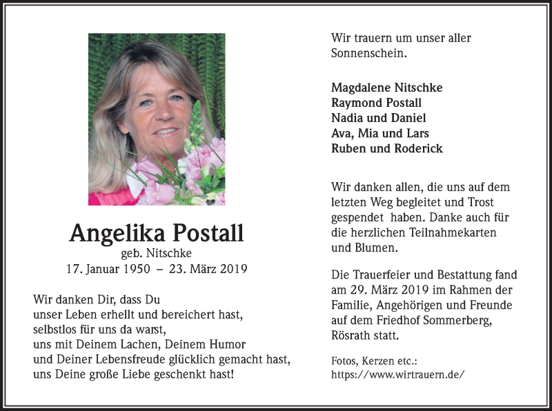  Traueranzeige für Angelika Postall vom 20.04.2019 aus Kölner Stadt-Anzeiger / Kölnische Rundschau / Express