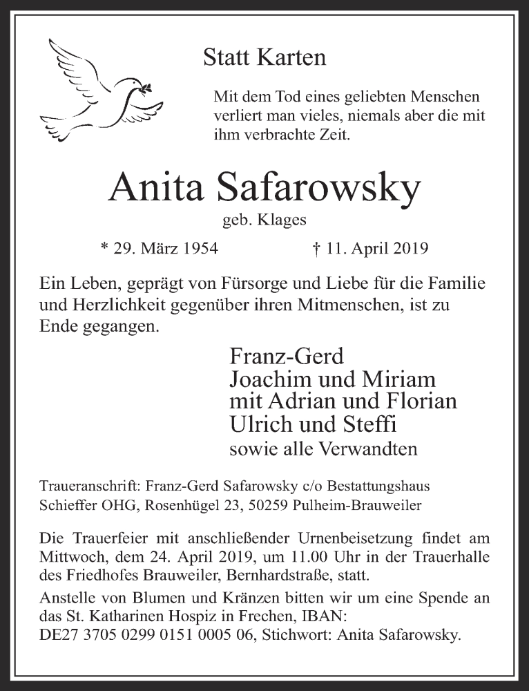  Traueranzeige für Anita Safarowsky vom 17.04.2019 aus  Wochenende 