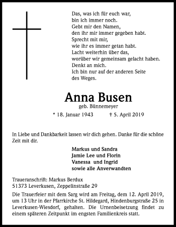 Anzeige von Anna Busen von Kölner Stadt-Anzeiger / Kölnische Rundschau / Express