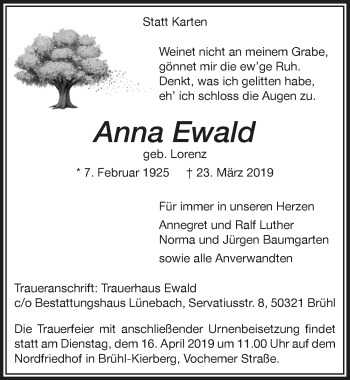 Anzeige von Anna Ewald von  Schlossbote/Werbekurier 