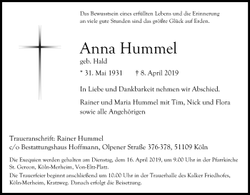 Anzeige von Anna Hummel von Kölner Stadt-Anzeiger / Kölnische Rundschau / Express