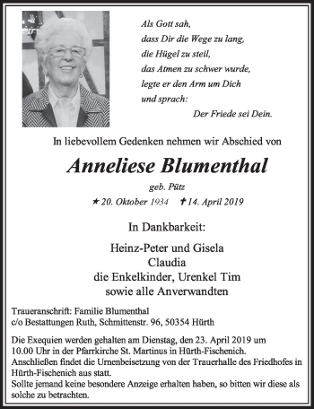 Anzeige von Anneliese Blumenthal von  Sonntags-Post 