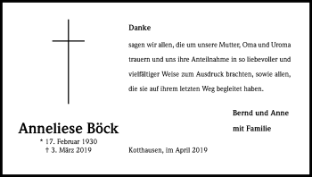 Anzeige von Anneliese Böck von Kölner Stadt-Anzeiger / Kölnische Rundschau / Express