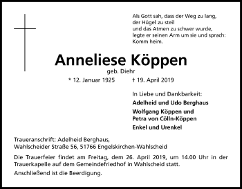 Anzeige von Anneliese Köppen von Kölner Stadt-Anzeiger / Kölnische Rundschau / Express