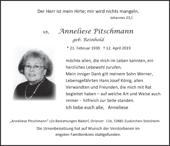 Anzeige von Anneliese Pitschmann von  Blickpunkt Euskirchen 