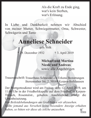 Anzeige von Anneliese Schneider von  Werbepost 