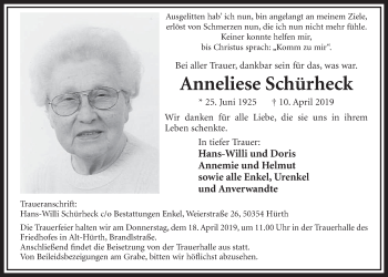 Anzeige von Anneliese Schürheck von  Sonntags-Post 