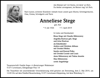Anzeige von Anneliese Stege von Kölner Stadt-Anzeiger / Kölnische Rundschau / Express
