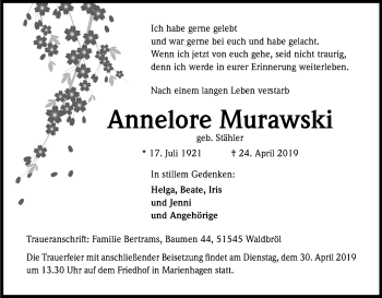 Anzeige von Annelore Murawski von Kölner Stadt-Anzeiger / Kölnische Rundschau / Express