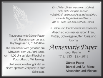 Anzeige von Annemarie Paper von  Kölner Wochenspiegel 