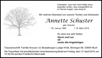 Anzeige von Annette Schuster von Kölner Stadt-Anzeiger / Kölnische Rundschau / Express