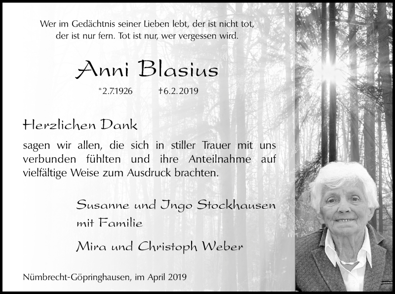  Traueranzeige für Anni Blasius vom 13.04.2019 aus Kölner Stadt-Anzeiger / Kölnische Rundschau / Express