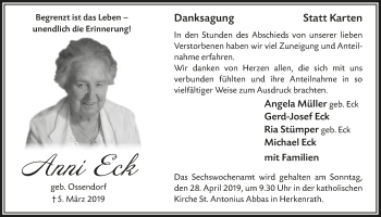 Anzeige von Anni Eck von  Bergisches Handelsblatt 