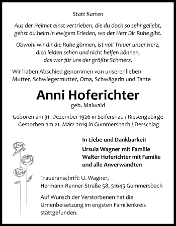Anzeige von Anni Hoferichter von Kölner Stadt-Anzeiger / Kölnische Rundschau / Express