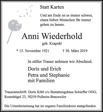 Anzeige von Anni Wiederhold von  Sonntags-Post 