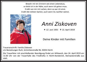 Anzeige von Anni Ziskoven von  Sonntags-Post 