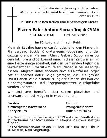 Anzeige von Antoni Florian Trojak von Kölner Stadt-Anzeiger / Kölnische Rundschau / Express