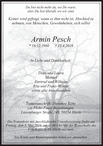 Anzeige von Armin Pesch von  Wochenende 