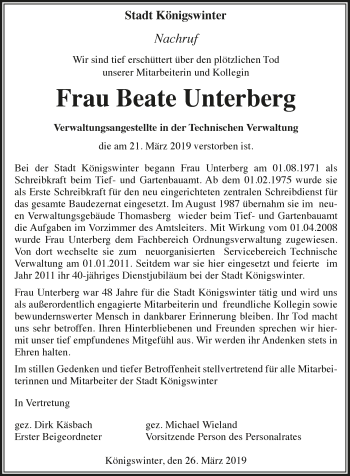 Anzeige von Beate Unterberg von  Extra Blatt 
