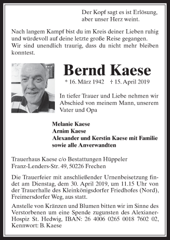 Anzeige von Bernd Kaese von  Wochenende 