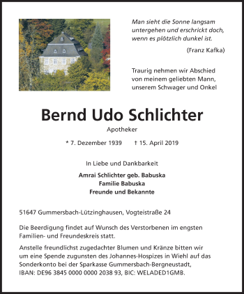 Anzeige von Bernd Udo Schlichter von Kölner Stadt-Anzeiger / Kölnische Rundschau / Express
