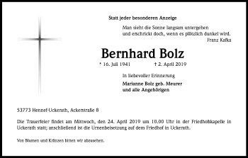 Anzeige von Bernhard Bolz von Kölner Stadt-Anzeiger / Kölnische Rundschau / Express