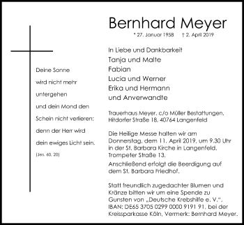 Anzeige von Bernhard Meyer von Kölner Stadt-Anzeiger / Kölnische Rundschau / Express