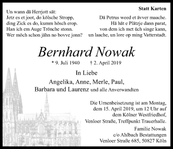 Anzeige von Bernhard Nowak von Kölner Stadt-Anzeiger / Kölnische Rundschau / Express