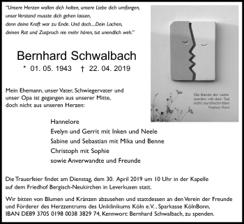 Anzeige von Bernhard Schwalbach von Kölner Stadt-Anzeiger / Kölnische Rundschau / Express
