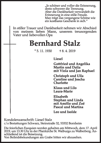 Anzeige von Bernhard Stalz von  Schlossbote/Werbekurier 