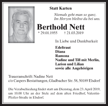 Anzeige von Berthold Nett von  Werbepost 