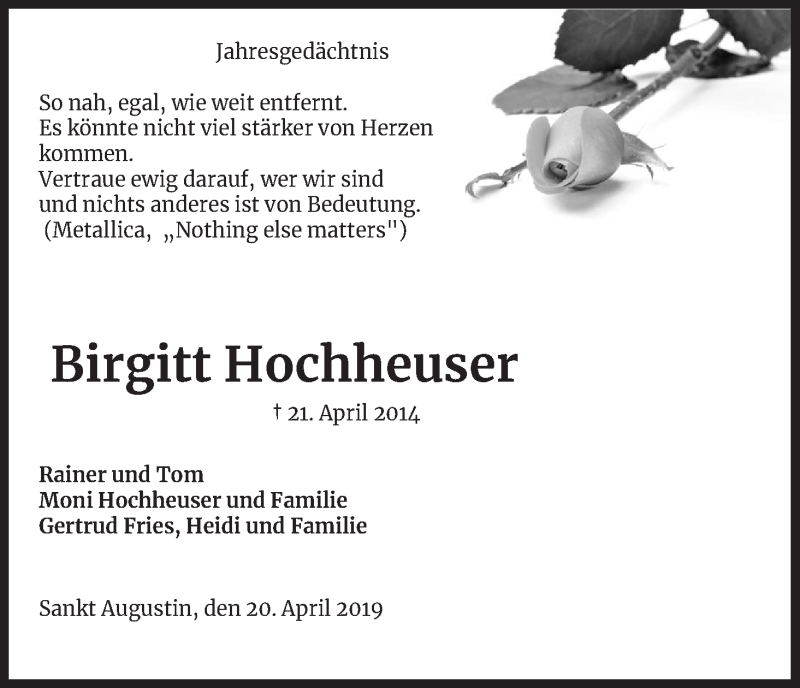 Traueranzeige für Birgitt Hochheuser vom 20.04.2019 aus Kölner Stadt-Anzeiger / Kölnische Rundschau / Express