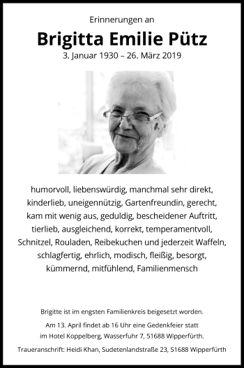 Anzeige von Brigitta Emilie Pütz von Kölner Stadt-Anzeiger / Kölnische Rundschau / Express