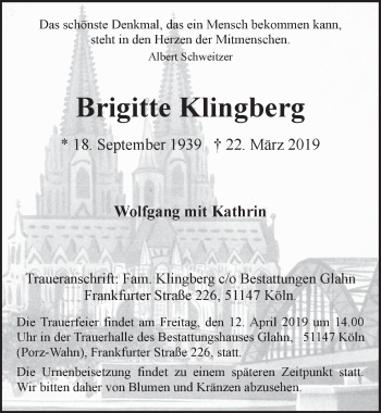 Anzeige von Brigitte Klingberg von  Kölner Wochenspiegel 