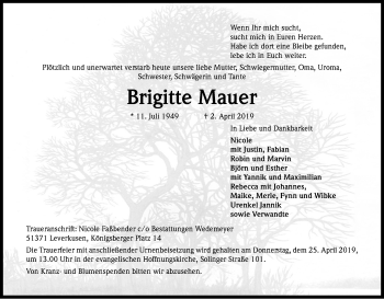 Anzeige von Brigitte Mauer von Kölner Stadt-Anzeiger / Kölnische Rundschau / Express