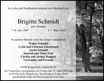 Anzeige von Brigitte Schmidt von Kölner Stadt-Anzeiger / Kölnische Rundschau / Express