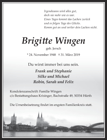 Anzeige von Brigitte Wingen von  Wochenende 