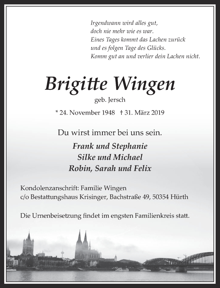  Traueranzeige für Brigitte Wingen vom 10.04.2019 aus  Wochenende 
