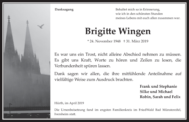  Traueranzeige für Brigitte Wingen vom 30.04.2019 aus  Wochenende 
