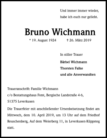Anzeige von Bruno Wichmann von Kölner Stadt-Anzeiger / Kölnische Rundschau / Express