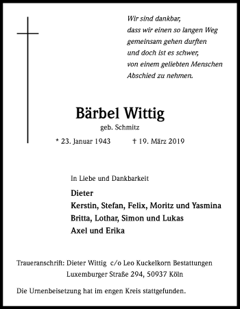 Anzeige von Bärbel Wittig von Kölner Stadt-Anzeiger / Kölnische Rundschau / Express