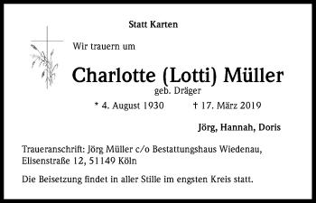 Anzeige von Charlotte Müller von Kölner Stadt-Anzeiger / Kölnische Rundschau / Express